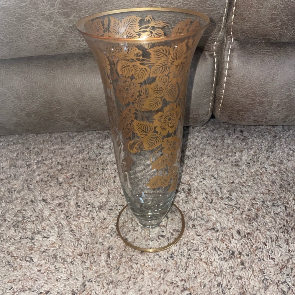 Vintage Elegant 10.5" Gold Trimmed & Etched Glass Vase - Floral Design